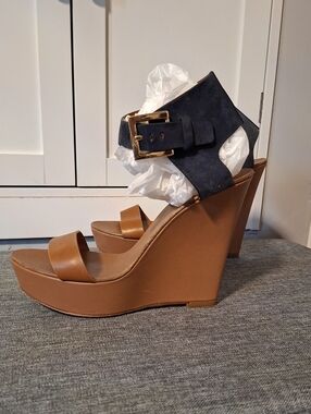 Hugo Boss Tan Platform Wedges with Black Ankle Cuff‎